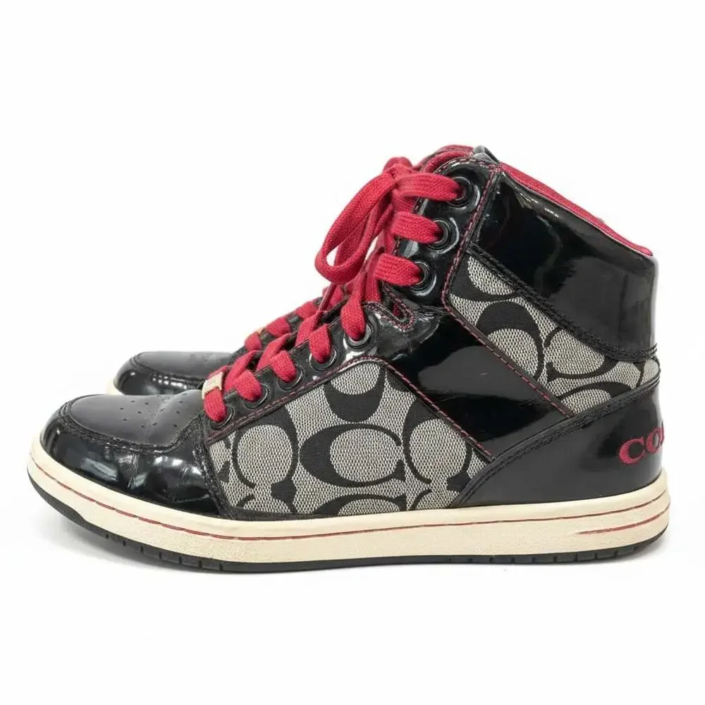 Coach Norra High Top Sneaker Q368 Women's 6 Black Signature Canvas Patent Red